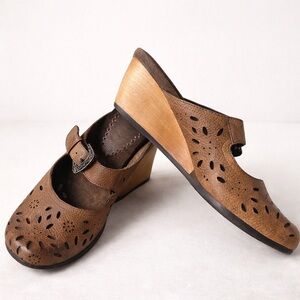 Women's Brown Leather Wedge Mules with Cutout Detail